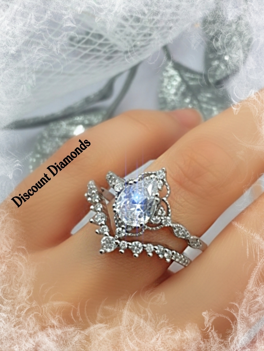 2 Ring Set - Clear White Diamond Wedding or Engagement Rings on 925 Silver